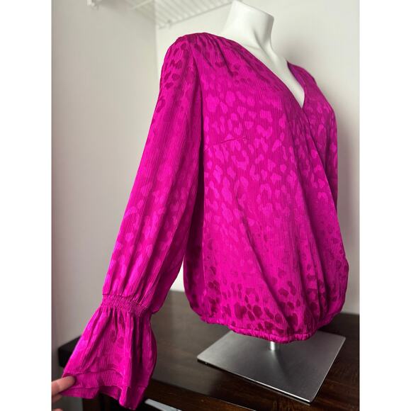 INC Fuchsia Leopard Print Wrap Long sleeve Blouse Ruffle Sleeve 1X - Picture 4 of 9